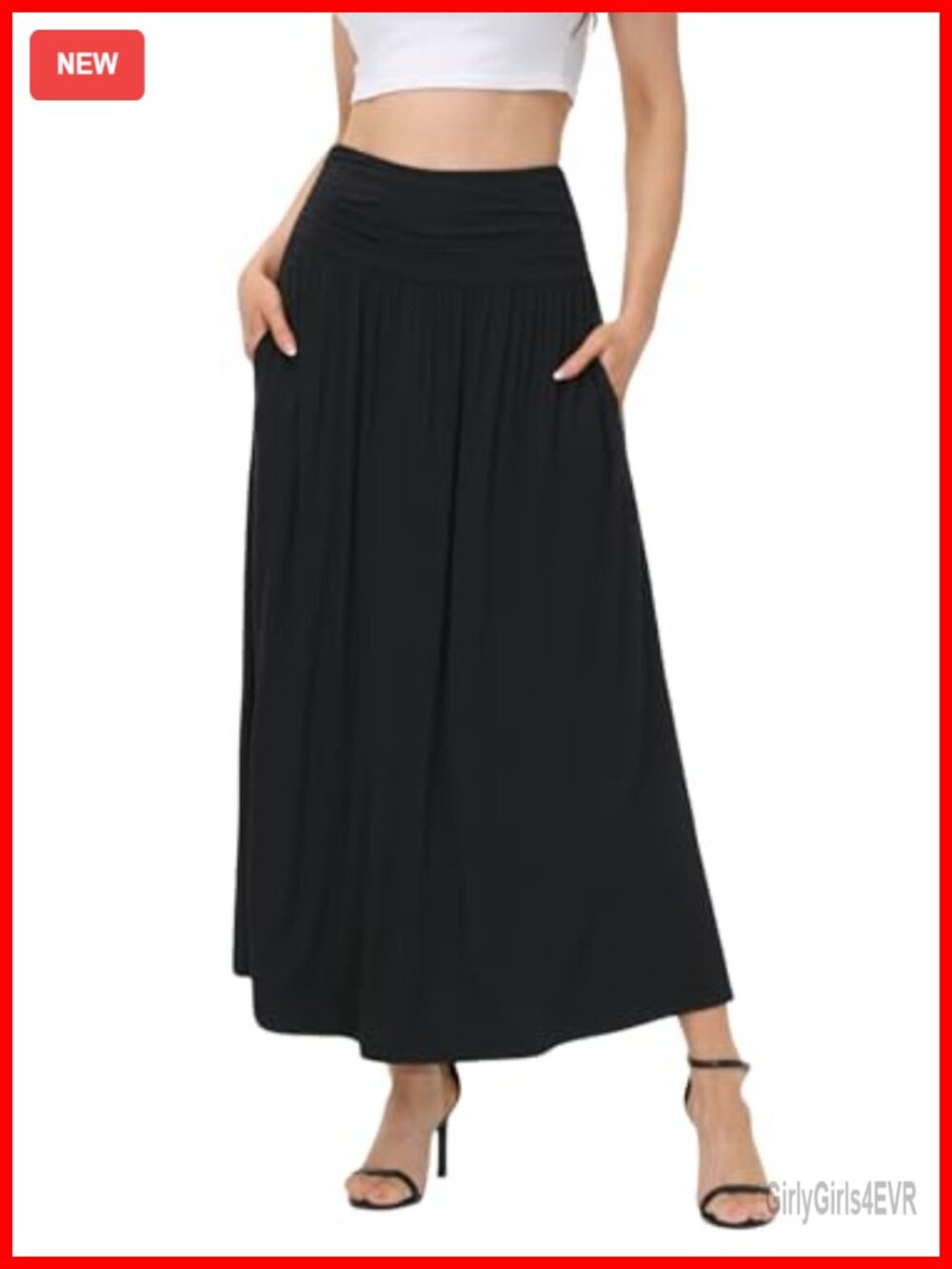 Women's Maxi Skirt Ruched High Waisted Flowy Ankle Length Pull On with Pockets